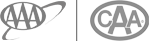 The image shows two logos: on the left is the AAA logo with the letters in an oval and a swoosh, and on the right is the CAA logo in an oval.