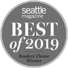 The image shows a circular badge that reads "Seattle Magazine Best of 2019 Readers' Choice Winner."