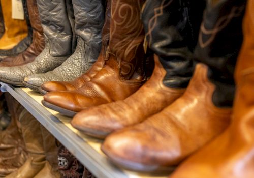 The image shows an assortment of cowboy boots of various colors and designs arranged on a shelf.