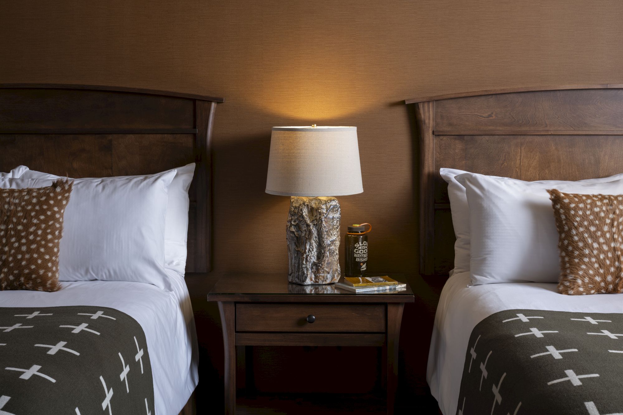 Two beds with brown and white bedding, patterned pillows, a wooden nightstand between them, and a lamp and objects on the nightstand.