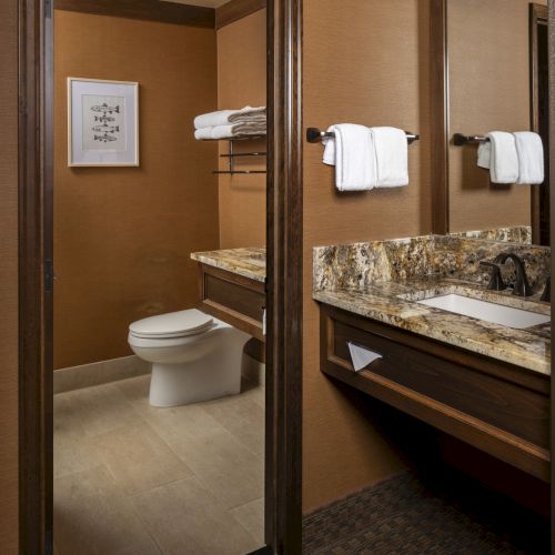 The image shows a bathroom with a toilet, a mirror, a marble countertop, towel racks with white towels, and a light fixture above the mirror.