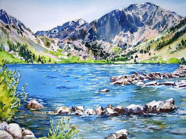 A vivid landscape shows a blue mountain river with rocks and trees, framed by snowy peaks under clear skies.