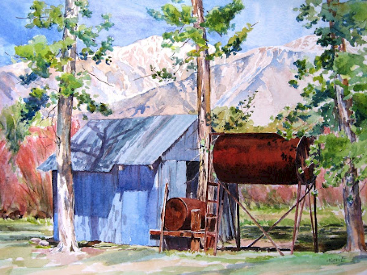 A painting of a rustic scene with a blue shed, large tanks, trees, and mountains in the background under a clear sky.