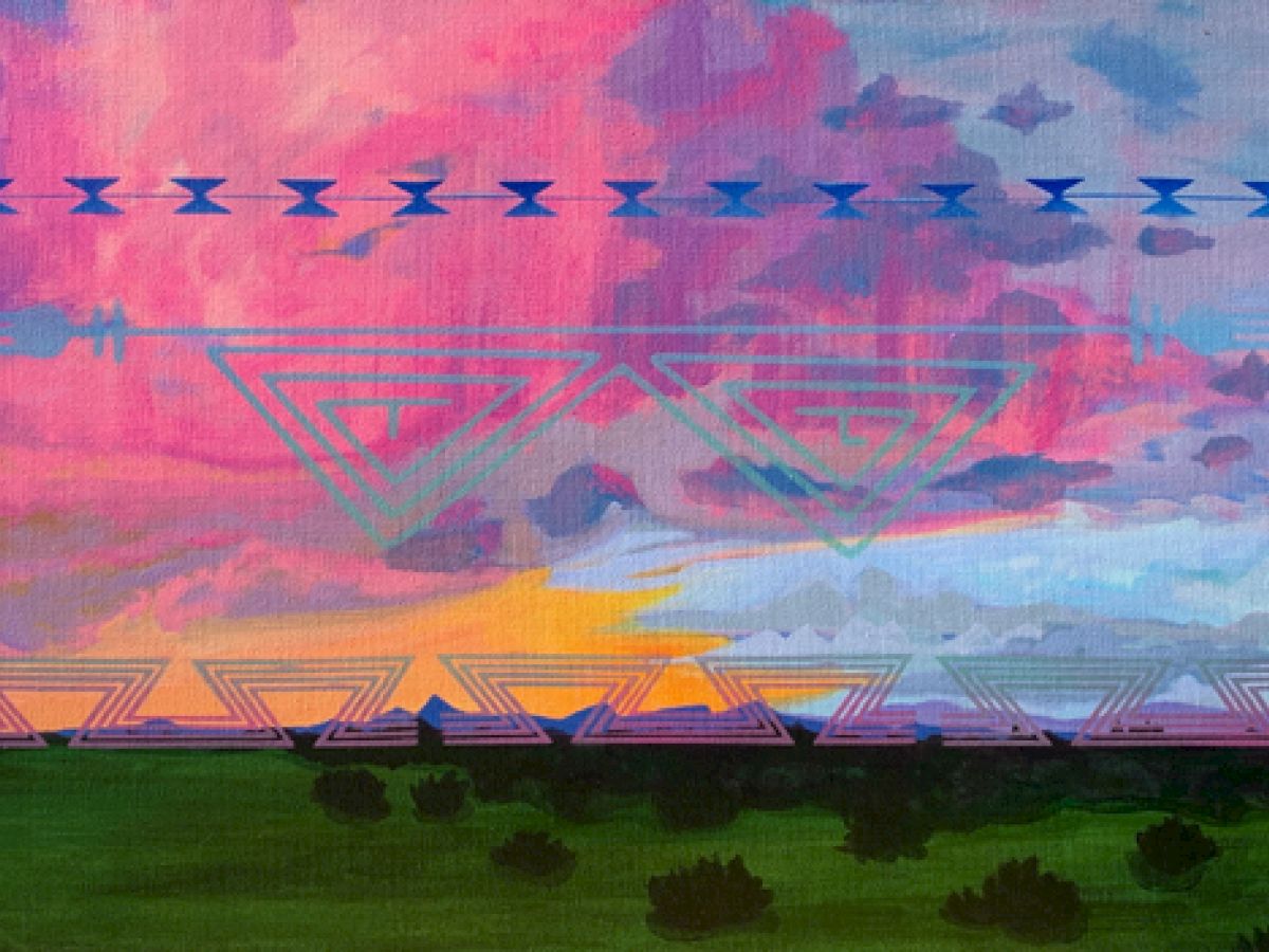 The painting depicts a colorful sky with vibrant pinks and blues, a green landscape below, and abstract geometric patterns overlaying the scene.