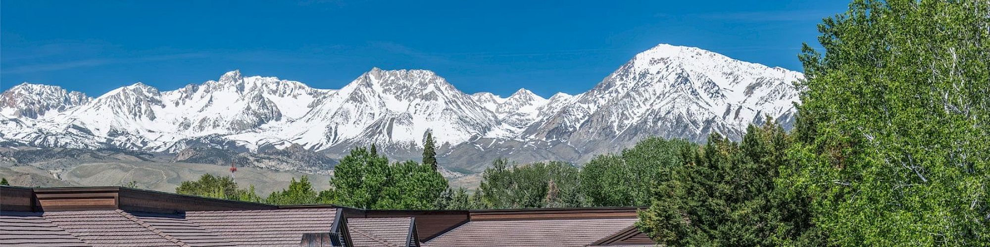 A mountain resort with green foliage, a flowing stream, outdoor seating, and snow-capped peaks in the background under a clear blue sky.