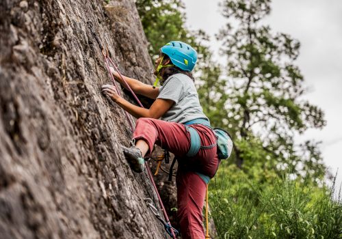 A person wearing a helmet and climbing gear is scaling a rock wall outdoors, surrounded by lush green foliage and trees.