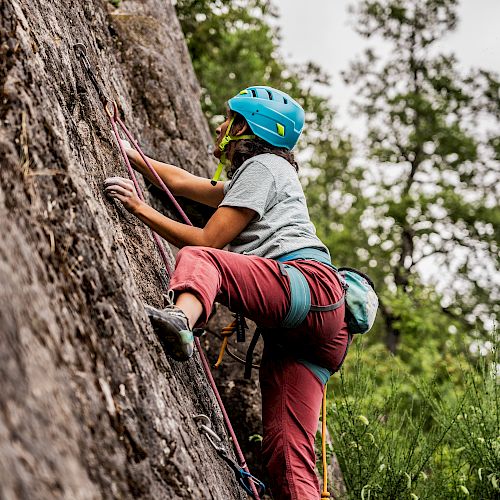 A person wearing a helmet and climbing gear is scaling a rock wall outdoors, surrounded by lush green foliage and trees.