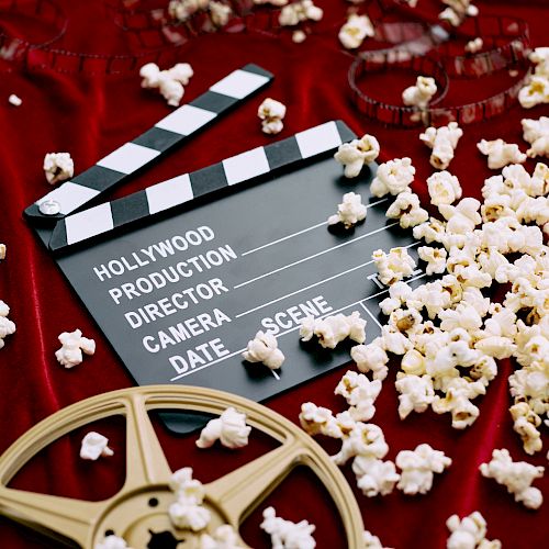 A film reel, popcorn, a clapperboard, and a striped popcorn box on a red fabric surface, suggest a movie theme.