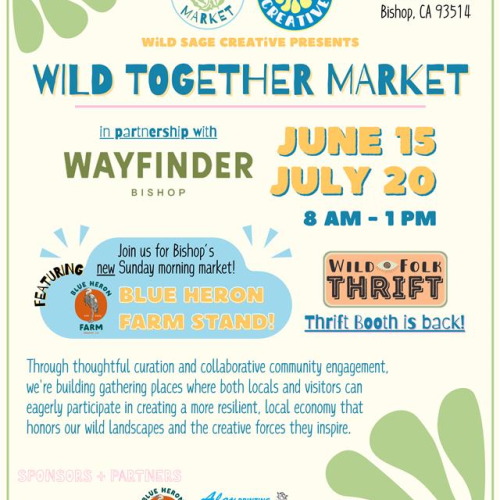 Flyer for "Wild Together Market" in Bishop, CA. Dates: June 15, July 20, 8 AM - 1 PM. Features Blue Heron Farm Stand and thrifting.