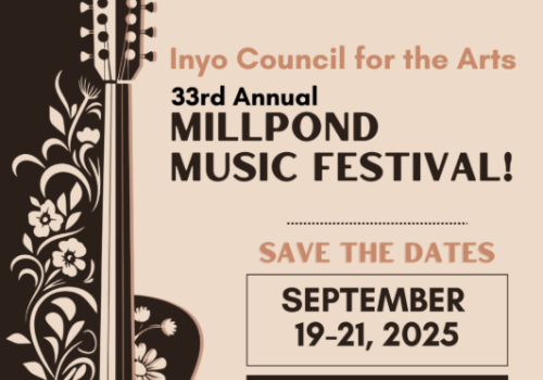 The image is a flyer for the 33rd Annual Millpond Music Festival from September 19-21, 2025, in Bishop, CA. Tickets available April 1st.