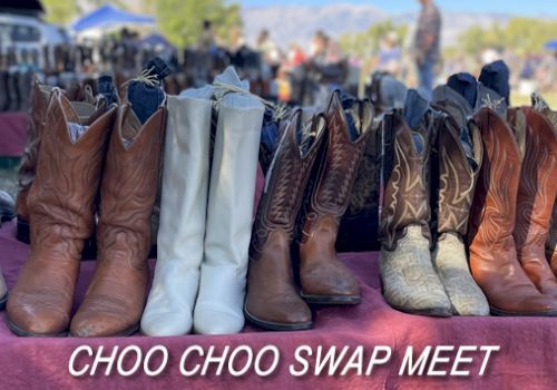The image shows a row of cowboy boots displayed on a table, labeled "CHOO CHOO SWAP MEET."