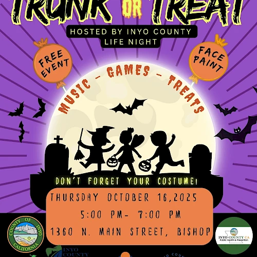 Trunk or Treat Halloween event flyer: Free music, games, and treats in a spooky cemetery scene, hosted by Inyo County Life Night.