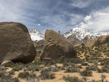 A desert scene with large rocks in the foreground, scrubby bushes, and snow-capped mountains in the background, under a blue sky.