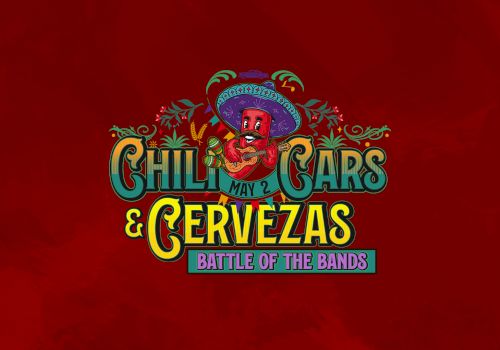 A vibrant poster on a red background advertising &ldquo;Chili & C&iacute;gars & Cervezas&rdquo; with a cartoon man, bold fonts, and &ldquo;Battle of the Bands&rdquo; text.