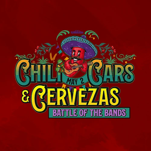A vibrant poster on a red background advertising &ldquo;Chili & C&iacute;gars & Cervezas&rdquo; with a cartoon man, bold fonts, and &ldquo;Battle of the Bands&rdquo; text.