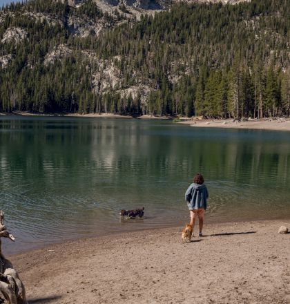 A person on a sandy lakeshore with a small dog by calm, emerald-green water; forested hills rise in the background under a clear sky.