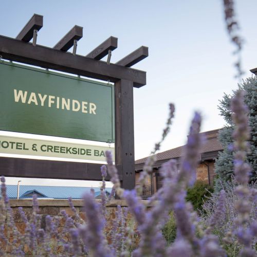 A roadside sign reads &ldquo;WAYFINDER&rdquo; and &ldquo;HOTEL & CREEKSIDE BA,&rdquo; with pine trees and flowers in the foreground.