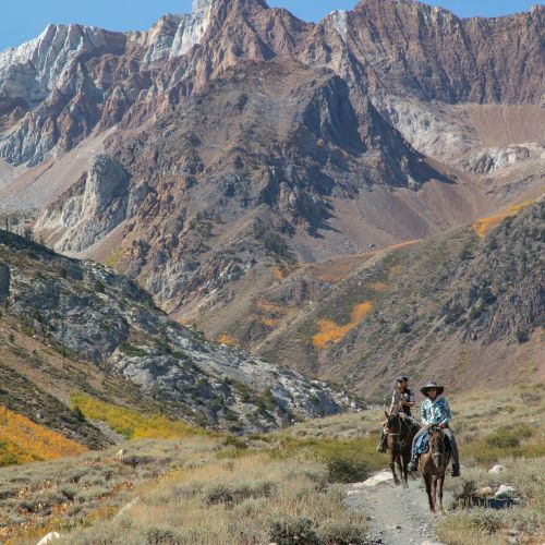 Two riders on horseback trek a mountain trail beneath towering rocky peaks under a clear blue sky.