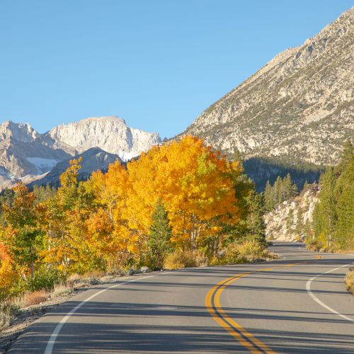 An autumn mountain road winds past golden trees under blue skies toward rugged peaks and cliffs.